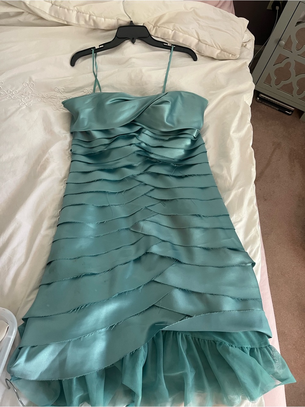 Teal Satin Ruffled strapless Cocktail Dress